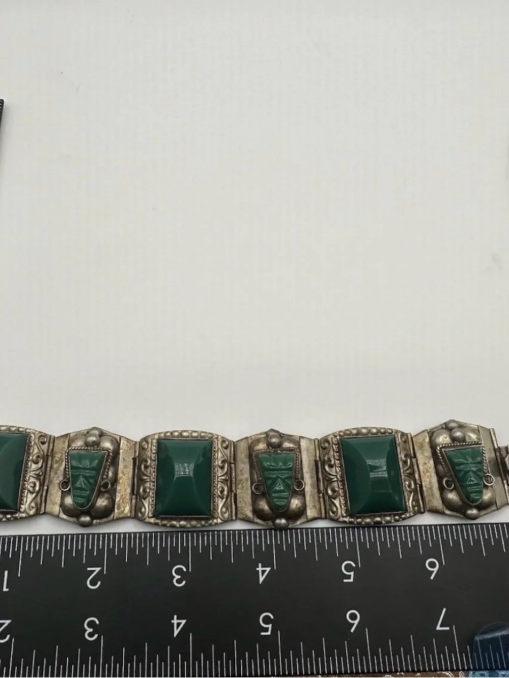 Vintage Taxco Green Onyx Jade Style Aztec Mask Link Bracelet Silver Tone